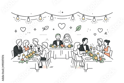 Wedding reception under string lights. Guests dining at long shared tables decorated with seasonal flowers and soft lighting, floating icons