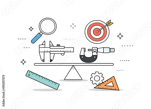 Precision tools. An abstract scene of precision instruments floating in balance, representing accuracy and engineering excellence. Airy