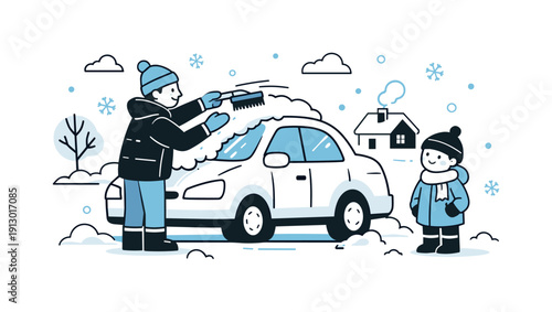 Family Snow Clearing. Clearing snow off the car