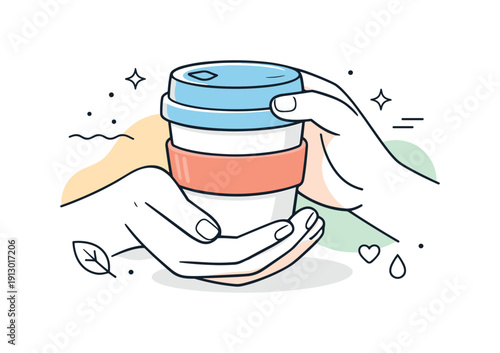 Eco-friendly Coffee Moment. Holding reusable cups. A close-up scene of hands gently holding a reusable cup, focus on simplicity and texture. Mindful pause,
