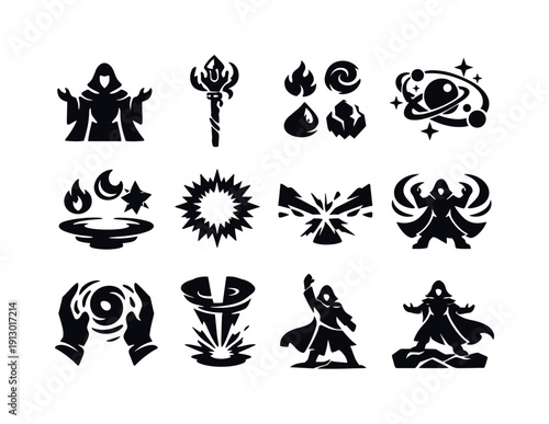   Mythic elemental sorcerer. Filled icon set of Mythic elemental sorcerer: legendary mage,
