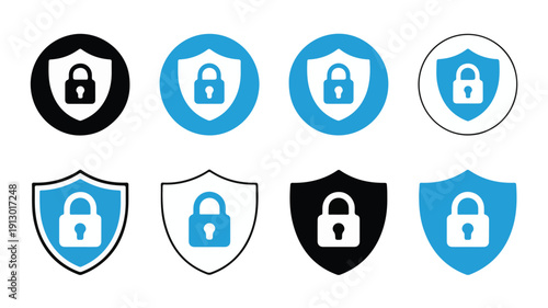 Shield lock icons blue black white security privacy