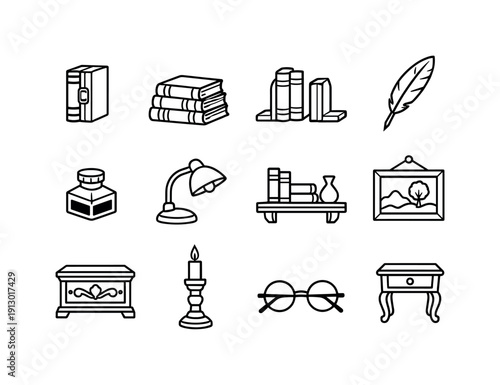 Vintage Book Icons. Vintage Book Decor. Line icon set of Vintage Book Decor: antique book, stacked volumes, bookend, quill pen, ink bottle, desk lamp, wooden