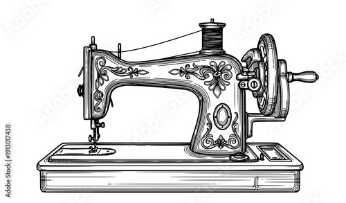 Detailed vintage sewing machine line art vector illustration