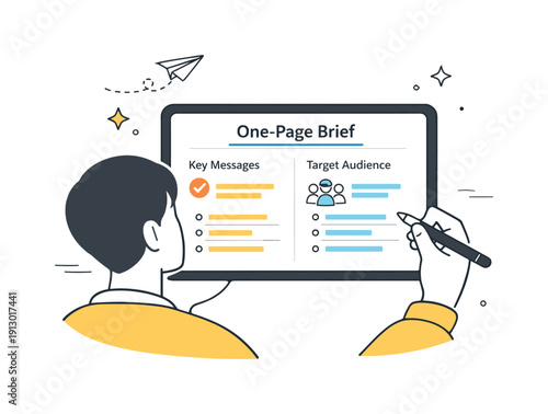 Strategic Content Review. Creative brief for social post. A focused scene showing a person reviewing a one-page brief on a tablet, highlighting key messages