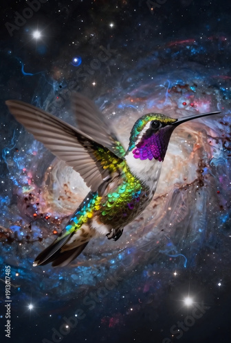 Vibrant hummingbird in flight against stunning cosmic background