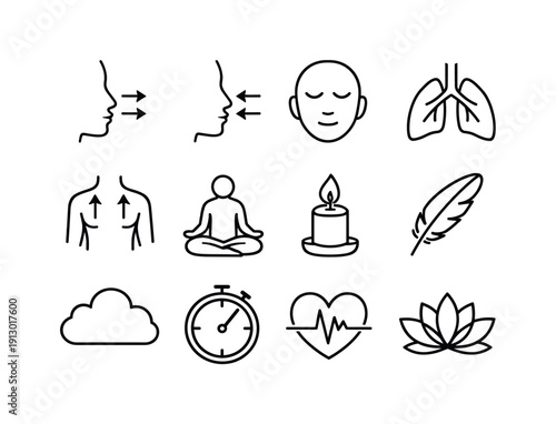   Mindful breathing. Line outline icon set of mindful breathing: inhale arrows, exhale arrows,