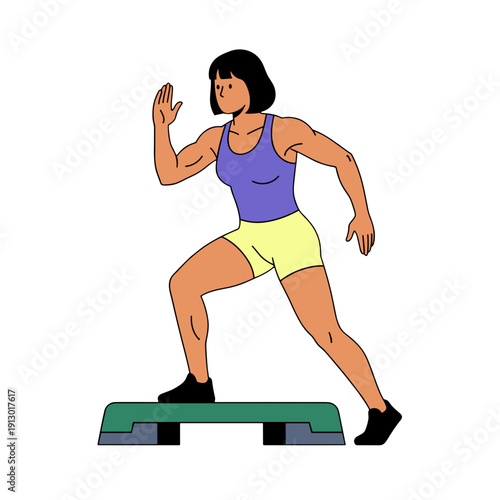 woman doing step aerobics, stepper platform workout, cardio fitness training, female endurance exercise, home gym routine, healthy active lifestyle, aerobic workout session, sporty woman exercising, w