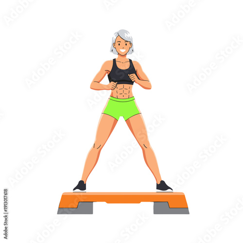 woman doing step aerobics, stepper platform workout, cardio fitness training, female endurance exercise, home gym routine, healthy active lifestyle, aerobic workout session, sporty woman exercising, w