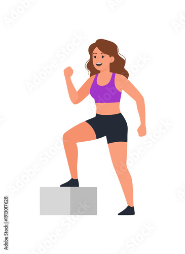 woman doing step aerobics, stepper platform workout, cardio fitness training, female endurance exercise, home gym routine, healthy active lifestyle, aerobic workout session, sporty woman exercising, w