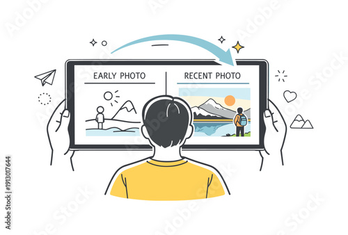 Artistic growth in photography. A person reviewing early and recent photos side by side on a tablet, showing progress and learning with