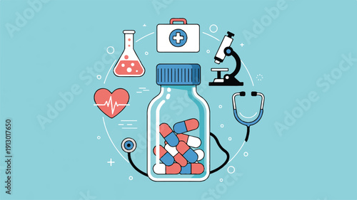 A medical illustration on a light turquoise background featuring a large clear glass medicine bottle with a blue screw cap in the center (2)_traced