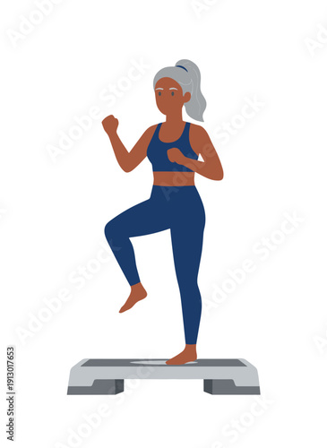 woman doing step aerobics, stepper platform workout, cardio fitness training, female endurance exercise, home gym routine, healthy active lifestyle, aerobic workout session, sporty woman exercising, w