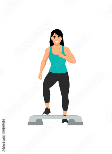 woman doing step aerobics, stepper platform workout, cardio fitness training, female endurance exercise, home gym routine, healthy active lifestyle, aerobic workout session, sporty woman exercising, w