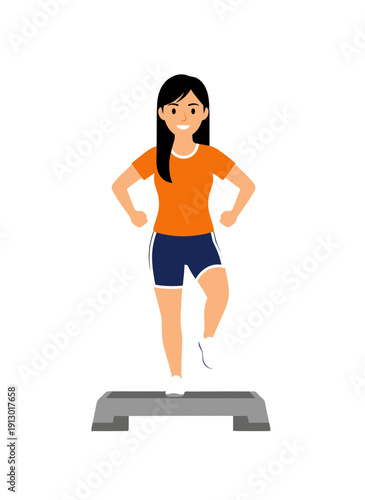 woman doing step aerobics, stepper platform workout, cardio fitness training, female endurance exercise, home gym routine, healthy active lifestyle, aerobic workout session, sporty woman exercising, w