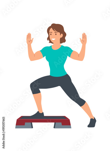 woman doing step aerobics, stepper platform workout, cardio fitness training, female endurance exercise, home gym routine, healthy active lifestyle, aerobic workout session, sporty woman exercising, w
