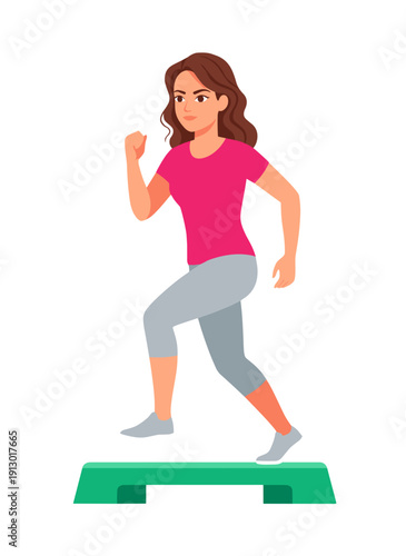 woman doing step aerobics, stepper platform workout, cardio fitness training, female endurance exercise, home gym routine, healthy active lifestyle, aerobic workout session, sporty woman exercising, w