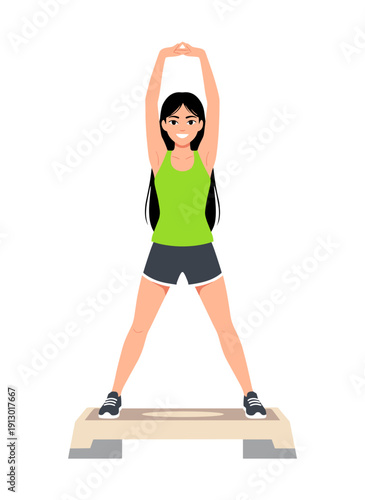 woman doing step aerobics, stepper platform workout, cardio fitness training, female endurance exercise, home gym routine, healthy active lifestyle, aerobic workout session, sporty woman exercising, w