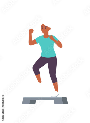 woman doing step aerobics, stepper platform workout, cardio fitness training, female endurance exercise, home gym routine, healthy active lifestyle, aerobic workout session, sporty woman exercising, w