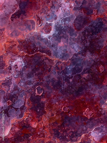 Deep purple and crimson mineral textures merge into intricate crystalline formations. This atmospheric abstract background captures the raw elegance of natural stone and ancient geological surfaces.