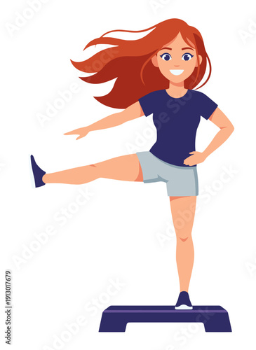 woman doing step aerobics, stepper platform workout, cardio fitness training, female endurance exercise, home gym routine, healthy active lifestyle, aerobic workout session, sporty woman exercising, w