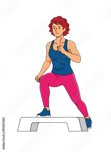woman doing step aerobics, stepper platform workout, cardio fitness training, female endurance exercise, home gym routine, healthy active lifestyle, aerobic workout session, sporty woman exercising, w