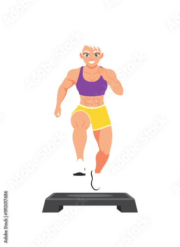 woman doing step aerobics, stepper platform workout, cardio fitness training, female endurance exercise, home gym routine, healthy active lifestyle, aerobic workout session, sporty woman exercising, w