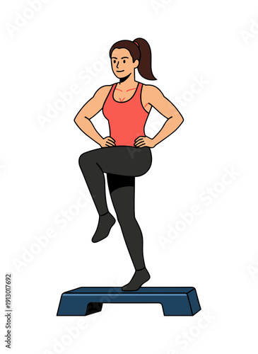 woman doing step aerobics, stepper platform workout, cardio fitness training, female endurance exercise, home gym routine, healthy active lifestyle, aerobic workout session, sporty woman exercising, w