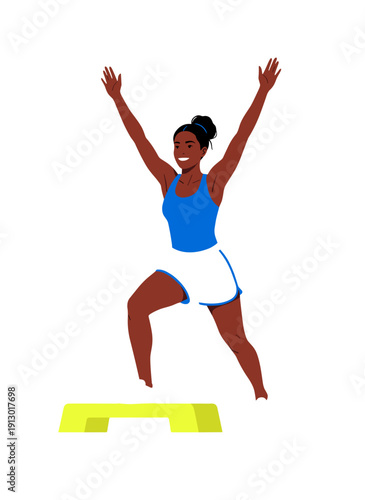 woman doing step aerobics, stepper platform workout, cardio fitness training, female endurance exercise, home gym routine, healthy active lifestyle, aerobic workout session, sporty woman exercising, w