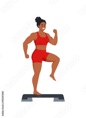 woman doing step aerobics, stepper platform workout, cardio fitness training, female endurance exercise, home gym routine, healthy active lifestyle, aerobic workout session, sporty woman exercising, w