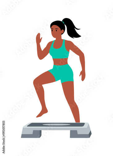 woman doing step aerobics, stepper platform workout, cardio fitness training, female endurance exercise, home gym routine, healthy active lifestyle, aerobic workout session, sporty woman exercising, w