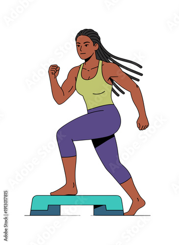 woman doing step aerobics, stepper platform workout, cardio fitness training, female endurance exercise, home gym routine, healthy active lifestyle, aerobic workout session, sporty woman exercising, w