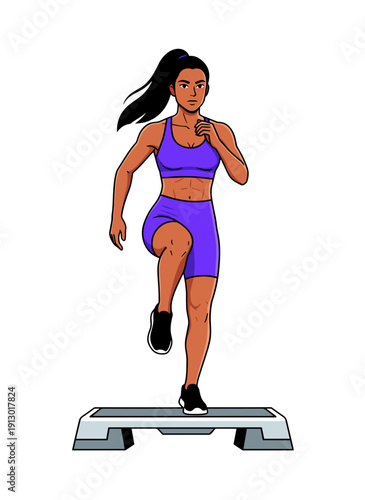 woman doing step aerobics, stepper platform workout, cardio fitness training, female endurance exercise, home gym routine, healthy active lifestyle, aerobic workout session, sporty woman exercising, w
