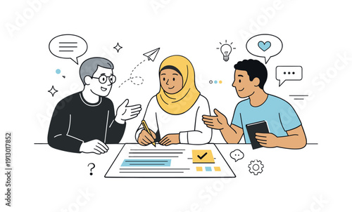 Collaborative Dialogue Illustration. Evolving social traditions. Characters discussing and annotating a shared document, calm exchange of ideas and