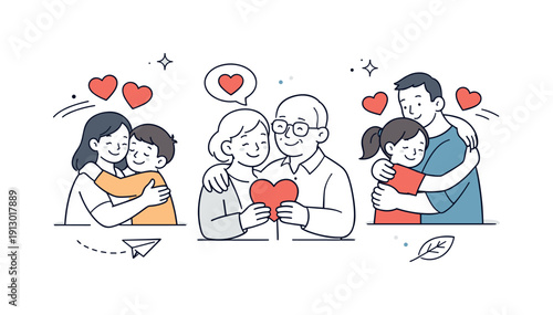 Family love and bonding. A cozy scene of family members exchanging hugs and heart icons, expressing care and emotional connection. Peaceful