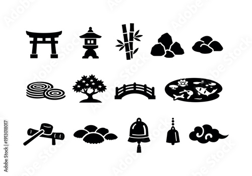 Zen garden entry. Solid icon set of Japanese garden elements: zen gate, stone lantern, bamboo stalks, rock arrangement, gravel patterns,