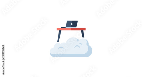 Laptop on Desk Floating on Cloud.