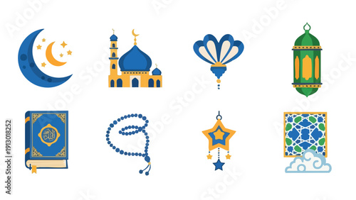 Flat lay of various Islamic Ramadan icons and symbols on a white background.