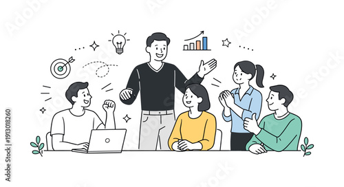 Team Motivation Scene. Team motivation. A leader encouraging team members, supportive gestures and positive body language. Friendly editorial scene about