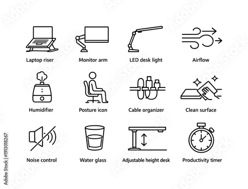 Desk environment optimization. Line icon set of Desk environment optimization: laptop riser, monitor arm, LED desk light, airflow icon,