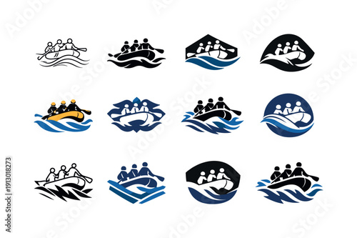 River rafting. Icon set. Set Logo of River rafting: inflatable raft on rapids. harmonious logo variations of the same emblematic concept,