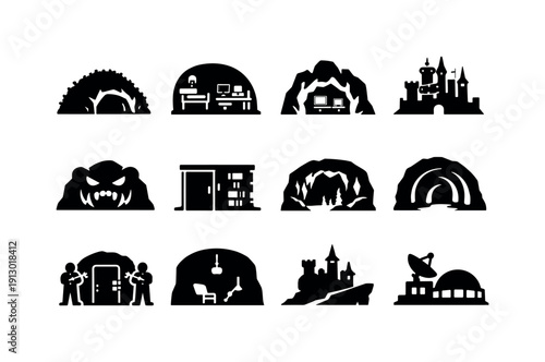 Lair. Solid icon set of lair: hidden lair entrance, underground hideout, secret cave lair, villain lair, monster den, concealed doorway,