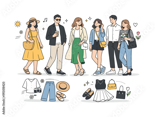 Spring fashion collection. Multiple outfits displayed together, showing variety in modern spring clothing. Clean editorial composition