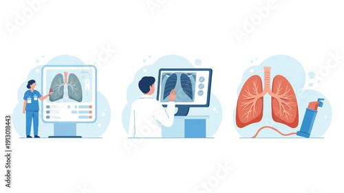 A medical illustration set of three connected scenes in a flat design style with a light blue and white color scheme (3)_traced