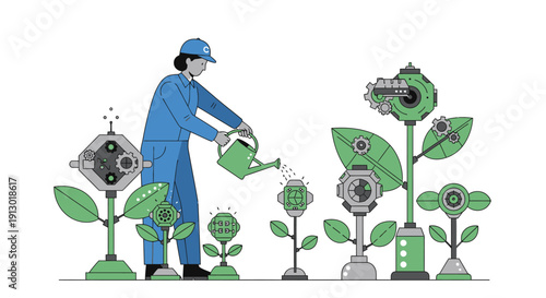 Man in blue watering plants.