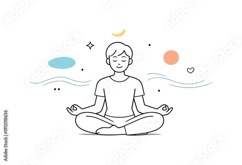 Calm breathing meditation. A minimal scene with a person centered in the composition, breathing evenly and peacefully. Floating shapes and