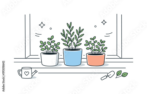 Herb pots on windowsill. Herbs with small leaves growing upward from minimal pots, gently highlighted by soft window light. The scene