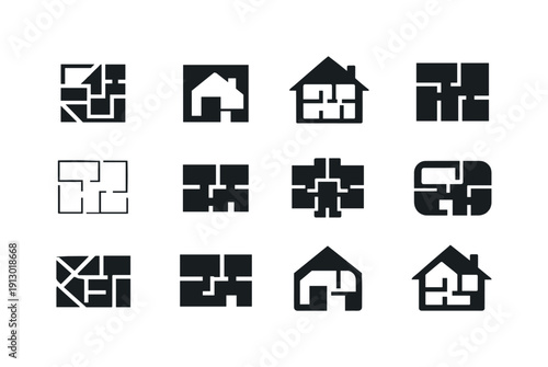Custom-built home features. Icon set. Set Logo of Custom-built home features: floor plan layout. harmonious logo variations of the same