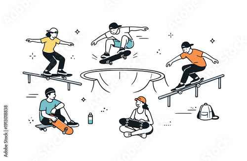 Skate park lifestyle. A group of skateboarders practicing tricks near rails and bowls, relaxed urban atmosphere expressing youth culture and
