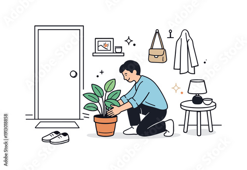 Incorporating plants in entryways for a welcoming feel. Person placing a new plant near the entrance, adjusting its position thoughtfully.